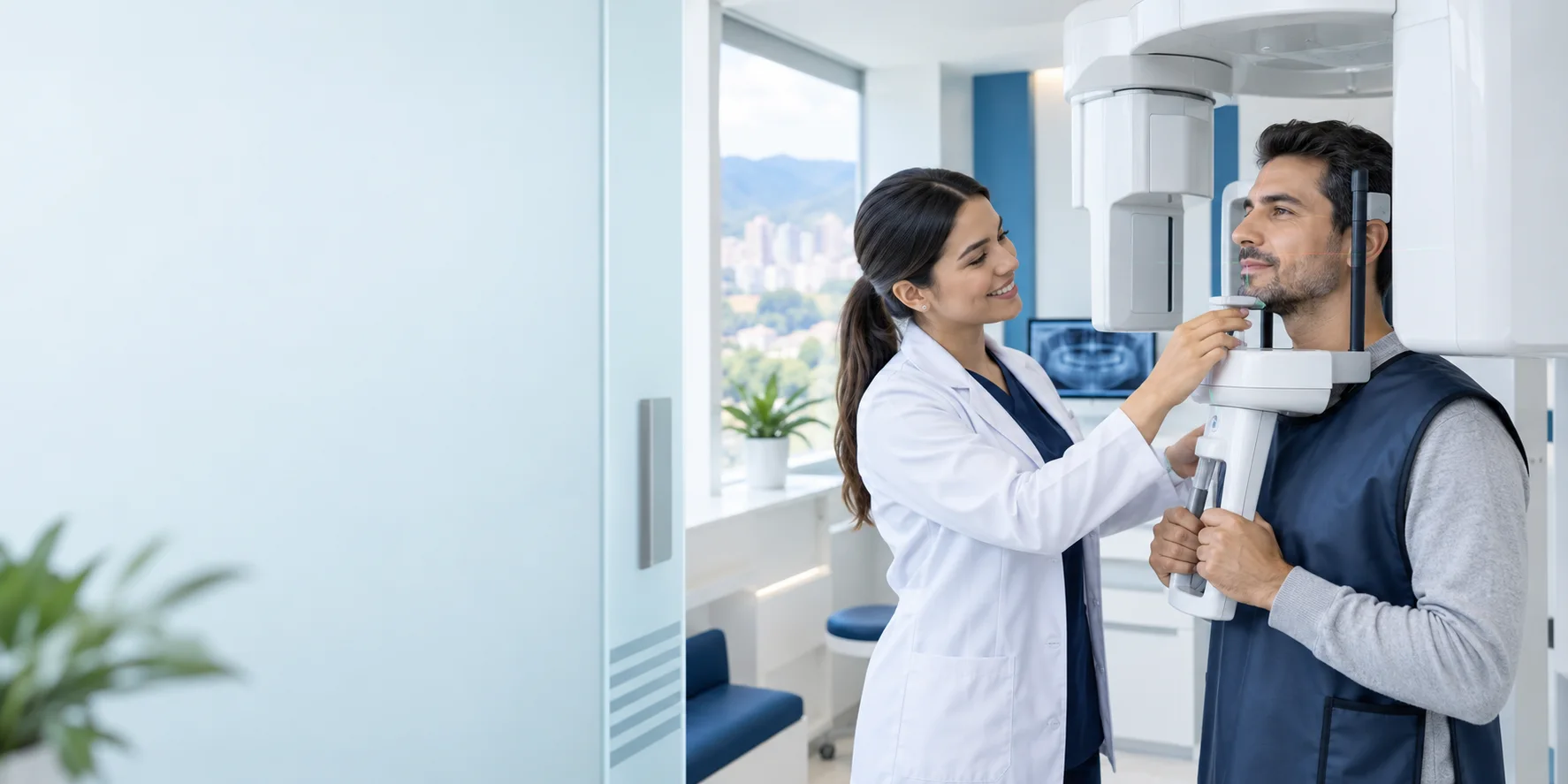 Profesional de PANORAX acompañando a un paciente durante una radiografía panorámica